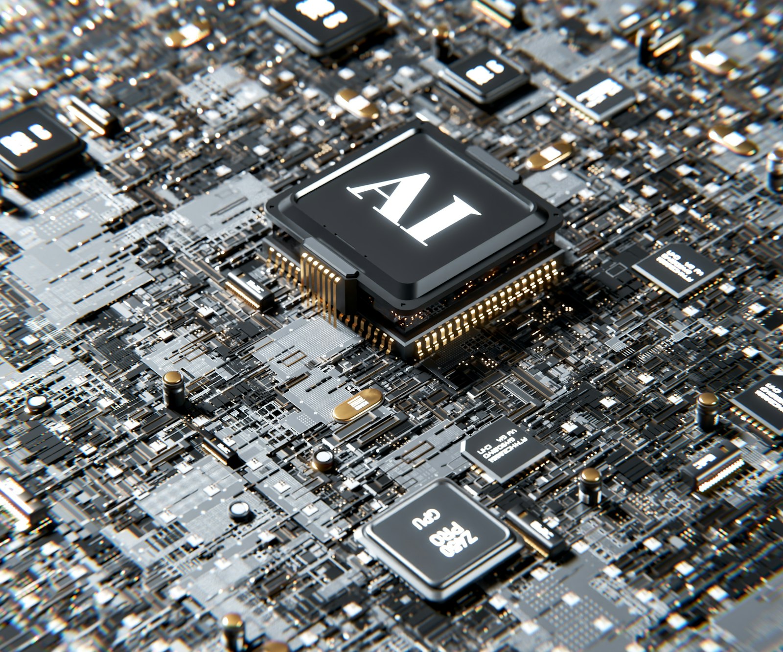 A macro photograph of a computer chip on a circuit board